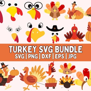 Puede incluir: Una colección de ilustraciones de dibujos animados de pavo coloridas y elementos temáticos de pavo. La imagen incluye caras de pavo, figuras completas de pavo y una calabaza. El texto en la parte inferior dice "TURKEY SVG BUNDLE" con indicadores de tipo de archivo.