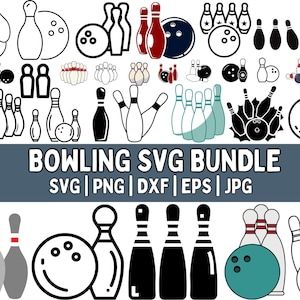 May include: A collection of bowling-themed SVG graphics in various styles. The image includes bowling pins and balls in different colors and designs, with the text "BOWLING SVG BUNDLE" and file type indicators like SVG, PNG, DXF, EPS, and JPG.