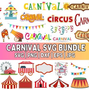 May include: A colorful carnival-themed SVG bundle featuring various circus elements. Includes a Ferris wheel, carousel, tents, banners, and text graphics like "Carnival" and "Circus". The bundle is available in SVG, PNG, DXF, EPS, and JPG formats.