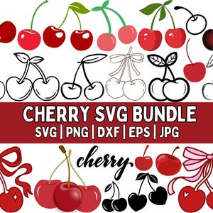 May include: A collection of cherry designs in various styles, including colored, outlined, and black silhouettes. The image includes the text "CHERRY SVG BUNDLE" with file type indicators.