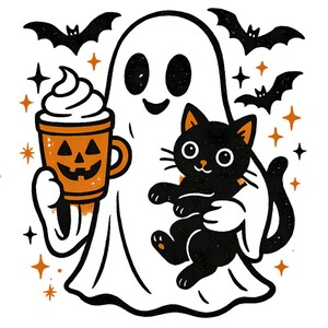 May include: A white ghost illustration holding an orange pumpkin spice latte and a black cat. The image includes black bats, orange stars, and a white background, perfect for Halloween.