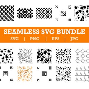 May include: A selection of seamless SVG patterns in black, white, and orange. The patterns feature floral, geometric, and abstract designs. The image includes the text "SEAMLESS SVG BUNDLE" with file type options.
