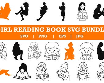 Girl Reading Book SVG Bundle, Book Art (Digital Download)