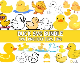 May include: A collection of yellow duck illustrations in various poses, including a duck on a skateboard and ducks in water. The image also includes the text "DUCK SVG BUNDLE" with file type abbreviations.