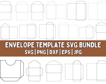Puede incluir: Una colección de plantillas de sobres en varios diseños, presentada como un paquete SVG. La imagen presenta múltiples contornos de sobres, con el texto "ENVELOPE TEMPLATE SVG BUNDLE" e indicadores de tipo de archivo: SVG, PNG, DXF, EPS y JPG.