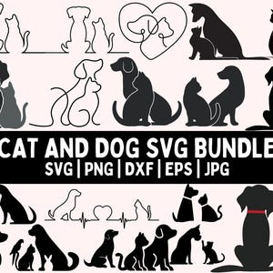 Cat and dog line art silhouette svg, Cat and dog silhouette, Cat and dog clipart, Friendship animal, Pet lovers svg, Elegant Cat Line Art