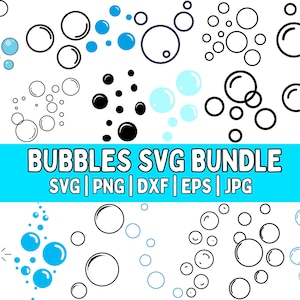 May include: A digital graphic design bundle featuring various bubble illustrations in black, blue, and white. The text "BUBBLES SVG BUNDLE" is displayed on a blue banner, with file type options below.