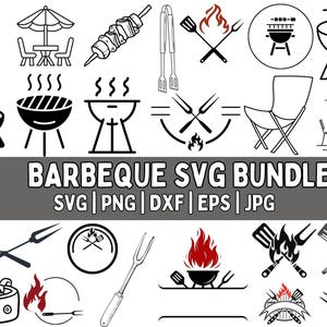 May include: Black and white line art illustrations of barbecue-related items. Includes various grill designs, skewers, tongs, and a folding chair. The text "BARBEQUE SVG BUNDLE" is displayed with file type options.
