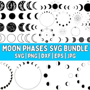 Könnte beinhalten: Eine Sammlung von Mondphasen-Designs in Schwarz und Weiß, darunter Halbmonde, Vollmonde und kreisförmige Anordnungen. Der Text "MOON PHASES SVG BUNDLE" ist ebenfalls enthalten.