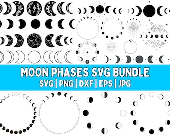 May include: A collection of black and white moon phase designs, including crescent moons, full moons, and circular arrangements. The image includes the text "MOON PHASES SVG BUNDLE" with file type indicators.