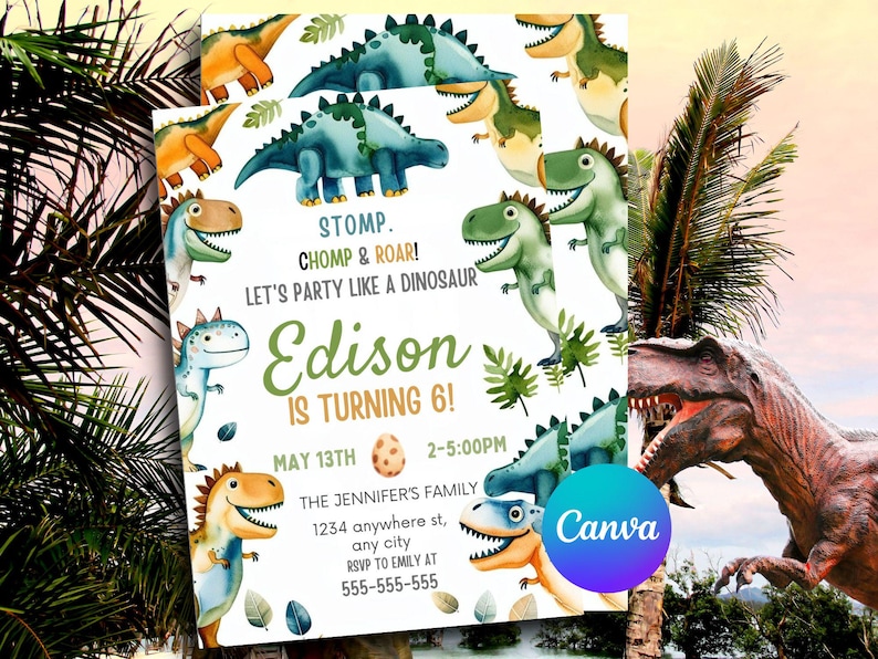 Editable Dinosaur Birthday Party Invitation Template, Editable ...