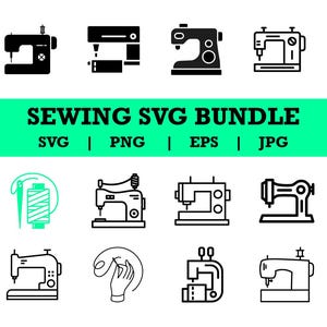 Puede incluir: Un conjunto de gráficos SVG con temática de costura. La imagen presenta varias ilustraciones de máquinas de coser, carretes de hilo, agujas y un botón con aguja e hilo. El texto "SEWING SVG BUNDLE" se muestra en negrita.