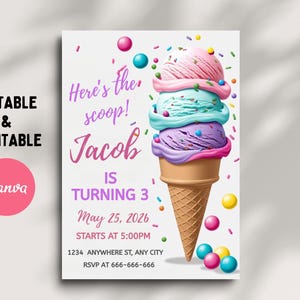 Ice Cream Birthday Invitation: Pink, Purple & Gold (Printable Download)