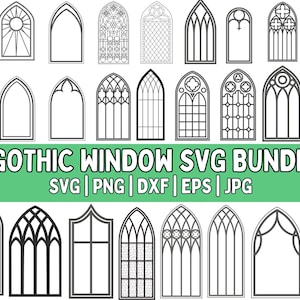 Op de afbeelding: Een set van 20 zwart-witte gotische raam SVG-ontwerpen. De ramen zijn in verschillende stijlen, waaronder gebogen, puntig en glas-in-lood. De tekst "Gothic Window SVG Bundle" staat bovenaan de afbeelding. De tekst "SVG | PNG | DXF | EPS | JPG" staat onder de titel.