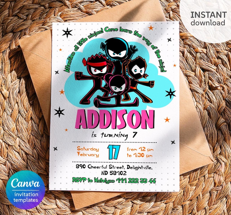 Ninja Birthday Invitation Template, Editable Party Invite (digital ...
