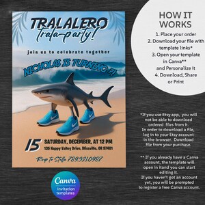 May include: A digital invitation template featuring a cartoon shark wearing blue sneakers on a beach. The invitation reads "Tralalero Trala-party!" and announces a birthday party for Nicholas. Includes date, time, and location.