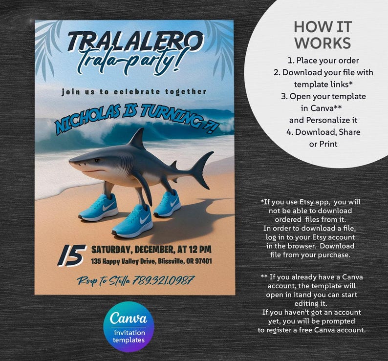 May include: A digital invitation template featuring a cartoon shark wearing blue sneakers on a beach. The invitation reads "Tralalero Trala-party!" and announces a birthday party for Nicholas. Includes date, time, and location.