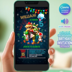 May include: A smartphone displays a birthday invitation template featuring cartoon characters. The invitation includes the name "WILLIAM", the number "5", and the text "JOIN US TO CELEBRATE". Additional text includes the date, time, and address.