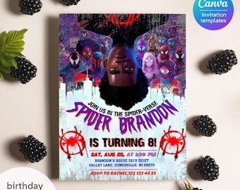 Zaproszenie urodzinowe do druku, zaproszenie Spider-verse, zaproszenie Spider-Mana, impreza z superbohaterami, zaproszenie superbohatera do pobrania natychmiast