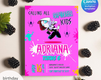 Invitación de cumpleaños de Gwen, invitación de cumpleaños de niña de Spider-Verse, invitación editable de Ghost Spidey, fiesta de Spidey Gwen, cumpleaños de niña Spider-Man