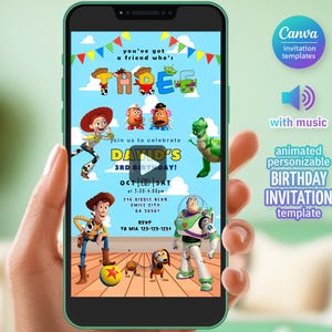 Puede incluir: Un tel&eacute;fono inteligente muestra una colorida invitaci&oacute;n de cumplea&ntilde;os con personajes de dibujos animados. La invitaci&oacute;n incluye el texto "DAVID'S 3RD BIRTHDAY!" e informaci&oacute;n de RSVP. El tel&eacute;fono se sostiene en una mano.