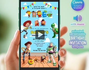 Toy Story Woody-video-uitnodiging, 3e verjaardag To Infinity Beyond-uitnodiging, geanimeerde Toy Story-verjaardagsuitnodiging, verjaardagsuitnodiging jongen meisje