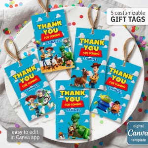 Toy Story Woody printable gift tags, birthday party thank you card, Editable Template, diy Toy Story bday decorations,  party favors