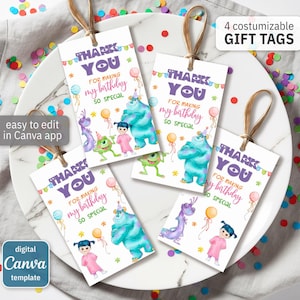 Monster Inc printable gift tags, birthday party thank you card, Editable Template, diy Monsters University bday decorations,  party favors