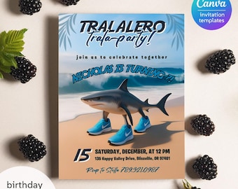 Invitación de "Cerebro podrido italiano", invitación de Tralalelo Tralala, invitación de cumpleaños de meme de Tik Tok imprimible y editable, divertida fiesta de "Cerebro podrido de tiburón"