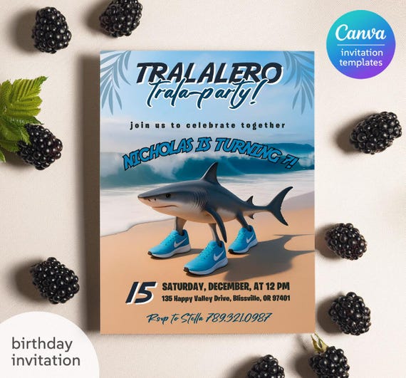 Italian Brain Rot invitation, Tralalelo Tralala invitation, printable editable tik tok meme birthday invite, funny shark brainrot party