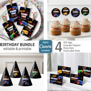 May include: A birthday party bundle featuring gift tags, cupcake toppers, party hats, and food label tents. The items have a black background with Nerf gun graphics and the text "Thank You!" and "Thomas is turning 8". The bundle is editable and printable.