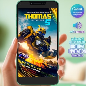 May include: A smartphone displays a birthday invitation template. The design features a yellow robot with the text "THOMAS IS TURNING 5". Additional text includes "CALLING ALL AUTOBOTS!" and event details. The phone also shows Canva invitation templates.