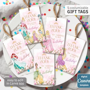 Princess printable gift tags, birthday party thank you card, Editable Template, diy Royal Party bday decorations,  party favors