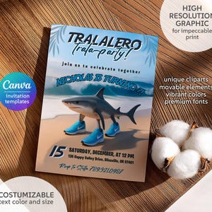 May include: A party invitation with a shark wearing blue sneakers on a beach. The invitation reads "TRALALERO Trala-party!" and "NICHOLAS IS TURNING 7!" with event details. The invitation is customizable with text color and size.