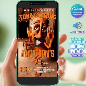イタリアの脳腐れ招待状、Tung Tung Sahur招待状、モバイル招待状、編集可能なTik Tokミーム誕生日、面白いサメの脳腐れパーティー