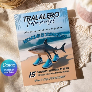 May include: A party invitation with a shark wearing blue sneakers on a beach. The invitation reads "TRALALERO Trala-party!" and "NICHOLAS IS TURNING 7!" with event details including the date, time, and location.