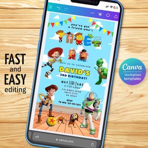 Puede incluir: Un smartphone muestra una colorida invitaci&oacute;n de cumplea&ntilde;os con personajes de dibujos animados. La invitaci&oacute;n dice "DAVID'S 3RD BIRTHDAY!" e incluye detalles del evento. El tel&eacute;fono est&aacute; sobre una superficie de madera.