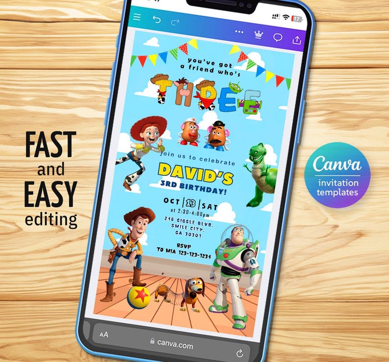Puede incluir: Un smartphone muestra una colorida invitaci&oacute;n de cumplea&ntilde;os con personajes de dibujos animados. La invitaci&oacute;n dice "DAVID'S 3RD BIRTHDAY!" e incluye detalles del evento. El tel&eacute;fono est&aacute; sobre una superficie de madera.