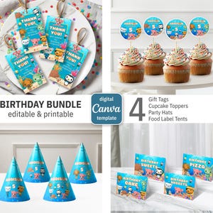 Könnte beinhalten: Eine Sammlung von Geburtstags-Party-Zubehör mit Unterwasser-Thema. Enthält Geschenkanhänger, Cupcake-Topper, Partyhüte und Essensetiketten. Der Text "BIRTHDAY BUNDLE" und "editable & printable" sind sichtbar. Das Farbschema ist hauptsächlich blau, orange und weiß.