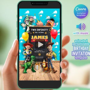 Könnte beinhalten: Ein Smartphone zeigt eine farbenfrohe Geburtstagseinladung mit Charakteren aus Toy Story. Die Einladung lautet "Two Infinity and Beyond" und "James is turning 3". Das Design beinhaltet Ballons und den Text "animated, personalized, birthday invitation template".