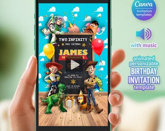Invitación de video de Toy Story 2: Infinity and Beyond, invitación digital animada de cumpleaños para niños (segunda fiesta), temática de Woody y Buzz Lightyear.