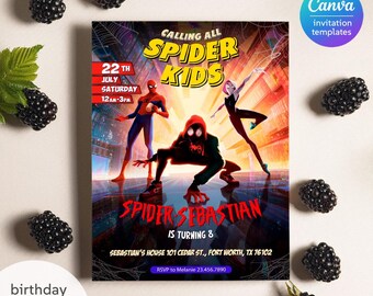 Zaproszenie urodzinowe do druku, zaproszenie Spider-verse, zaproszenie Spider-Mana, impreza z superbohaterami, zaproszenie superbohatera do pobrania natychmiast