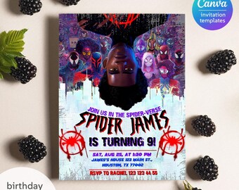 Zaproszenie urodzinowe do druku, zaproszenie Spider-verse, zaproszenie Spider-Mana, impreza z superbohaterami, zaproszenie superbohatera do pobrania natychmiast