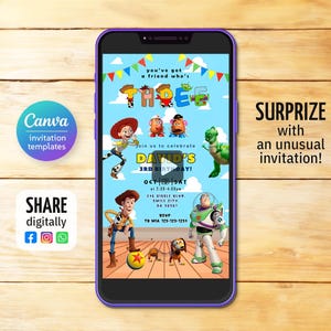 Puede incluir: Un tel&eacute;fono inteligente muestra una colorida invitaci&oacute;n de cumplea&ntilde;os con personajes de Toy Story. La invitaci&oacute;n dice "&iexcl;3er cumplea&ntilde;os de David!" con detalles del evento e informaci&oacute;n de RSVP. El tel&eacute;fono est&aacute; sobre una superficie de madera.