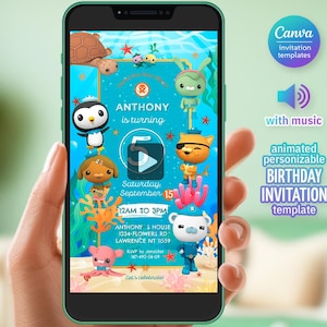 May include: A teal animated birthday invitation template on a smartphone screen. The invitation features cartoon sea creatures, the text "ANTHONY is turning", and event details. The Canva template is animated, personalized, and includes music.