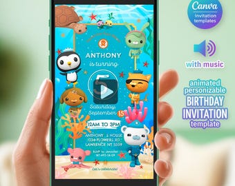 Invitación de video animada de cumpleaños de Octonautas, invitación digital editable para teléfono para fiesta infantil, decoración de celebración con temática marina