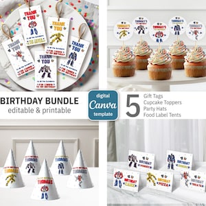 May include: A birthday bundle featuring gift tags, cupcake toppers, party hats, and food label tents. The designs include robot illustrations and the text "THANK YOU" and "BIRTHDAY". The bundle is a digital Canva template.