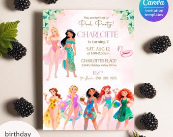 May include: A birthday invitation with the text "Pool Party!" and "Charlotte is turning 7". The invitation features illustrations of cartoon characters in swimwear. Blackberries are scattered around the invitation.
