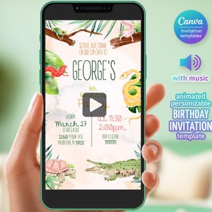 May include: A smartphone screen shows a birthday party invitation template with a jungle theme. The invitation features illustrations of a frog, axolotl, snake, turtle, and crocodile. Text includes "George's 9th Birthday Party" and event details.