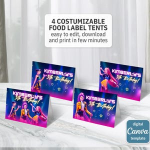 May include: Four customizable food label tents with the text "KIMBERLY'S 5th Birthday!" and illustrations of animated characters. The tents are easy to edit, download, and print. The image also includes the text "digital Canva template".